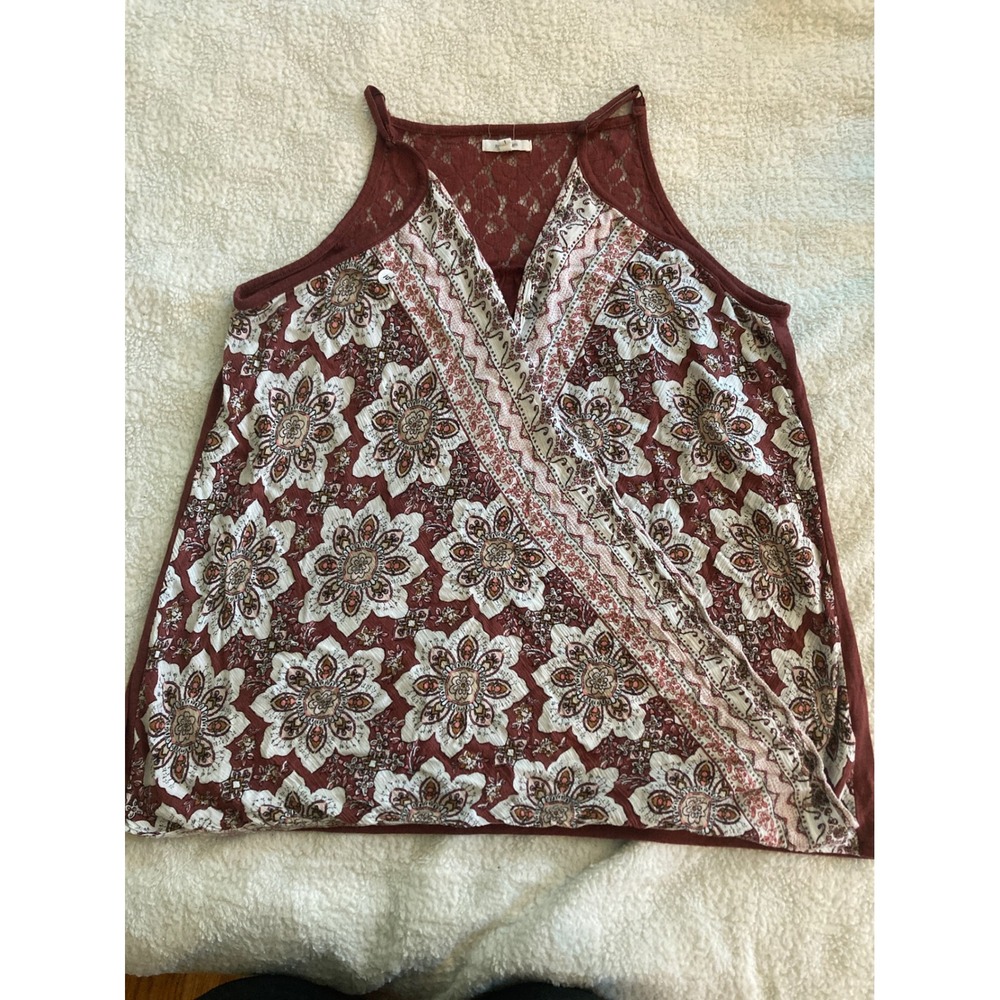 Maurices Womens Rust Red Floral Boho Lace Trim Surplice Tank Top Size‎ 1 Plus